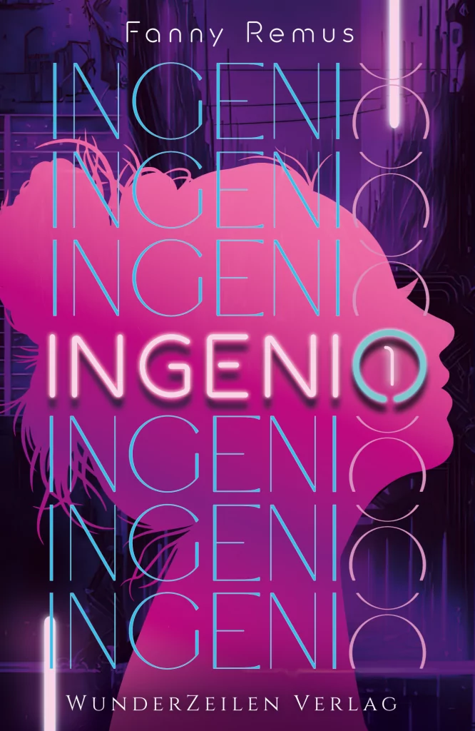 Ingenio Cover Band 1 Pinke Frauenkopf-Silhouette im Profil vor einem lila Cyberpunk-Stadt-Hintergrund. Auf dem ganzen Cover steht immer wieder Ingenio von oben nach unten
