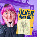 Fanny sehr glücklich in die Kamera und presst die Wangen mit den Fingern zusammen. Der Hintergund (ihr Zimmer) ist lila eingefärbt. Neben ihr das Cover von "Olver and out".